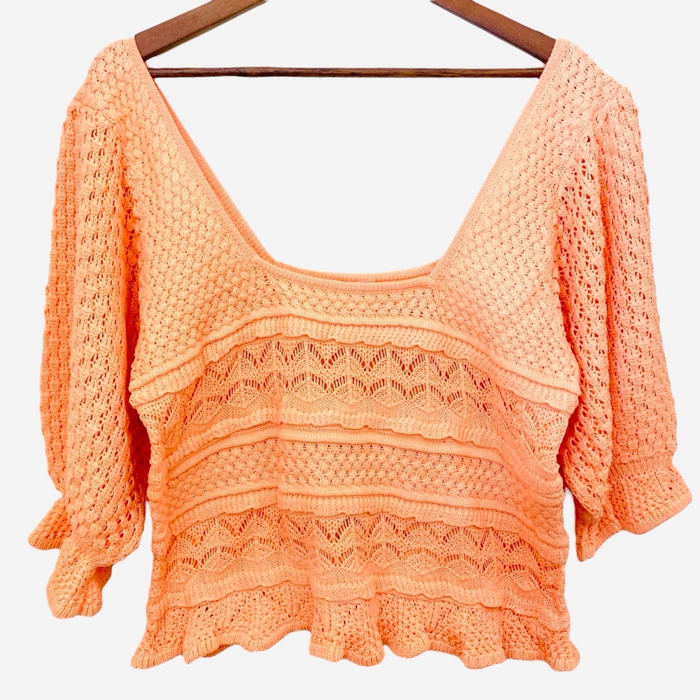 NWT Urban Outfitters Bibi Crochet Sweater Cropped Puff Sleeves SZ XL - Picture 2 of 6